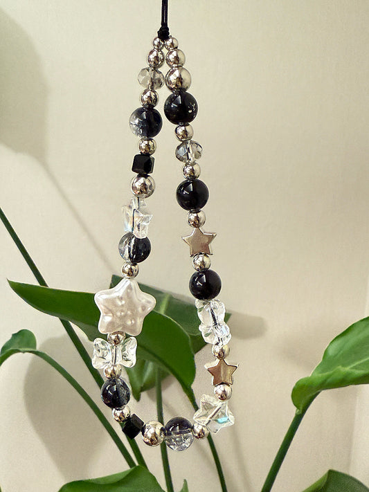 Star Beaded Phone Charm, Black Crystal Phone Chain, Planet Phone Strap