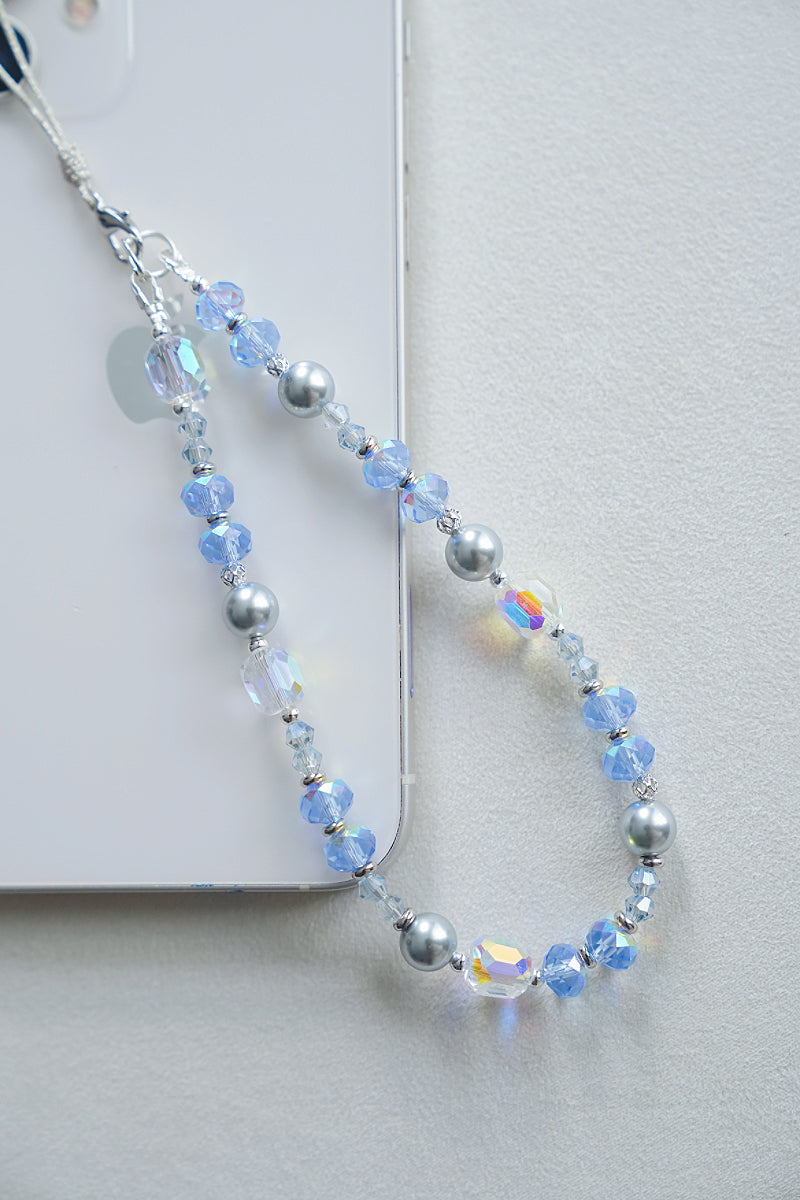 Ocean Breeze Crystal Phone Charm: Blue Beaded Phone Strap with Pearls
