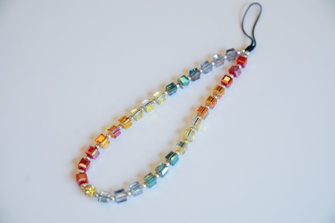 Rainbow Crystal Beaded Phone Charm, Cubic Crystals