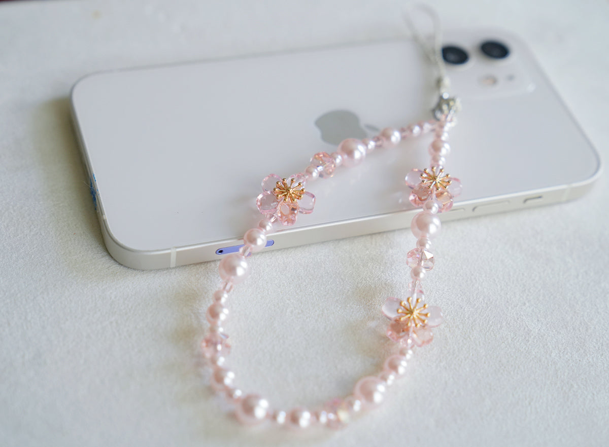 Sakura Cute Phone Charm, Pink Blossom and Pearls