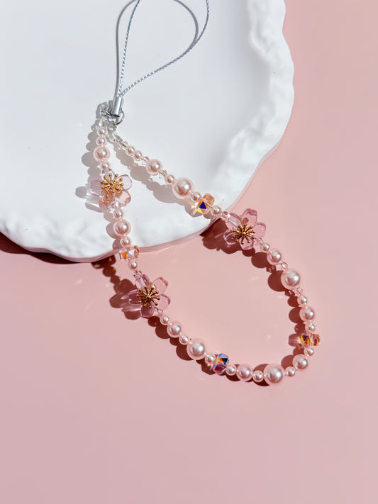 Sakura Cute Phone Charm, Pink Blossom and Pearls