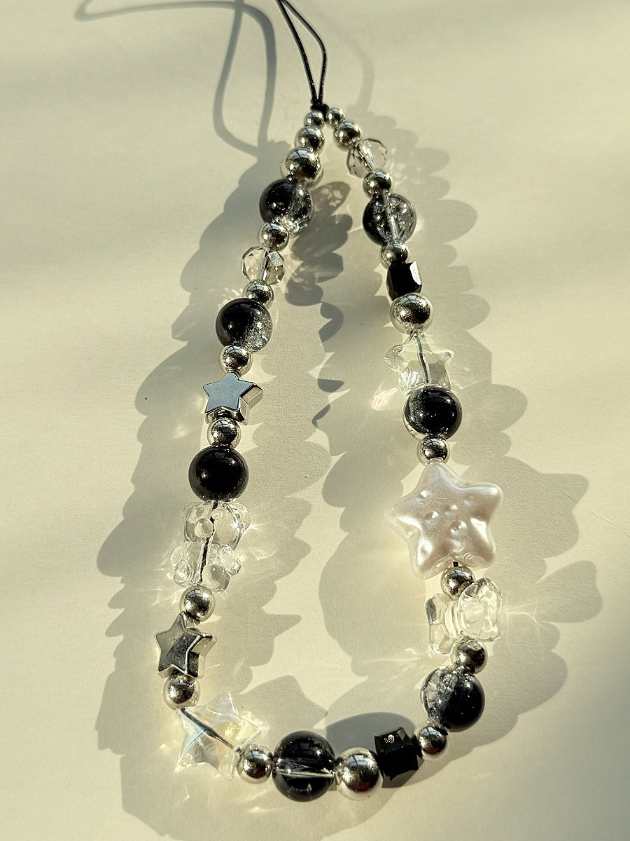 Star Beaded Phone Charm, Black Crystal Phone Chain, Planet Phone Strap