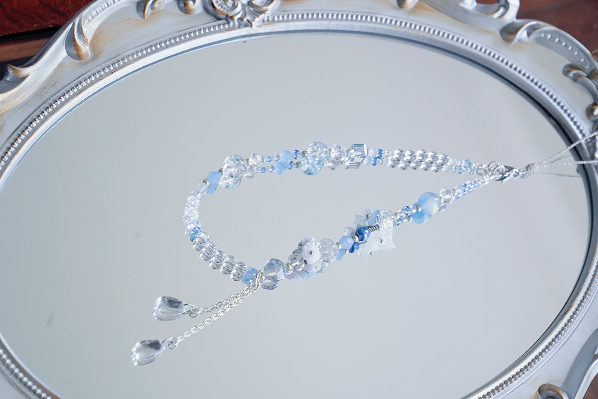 Blue Crystal Phone Charm: Beaded Phone Strap with Resin Flowers