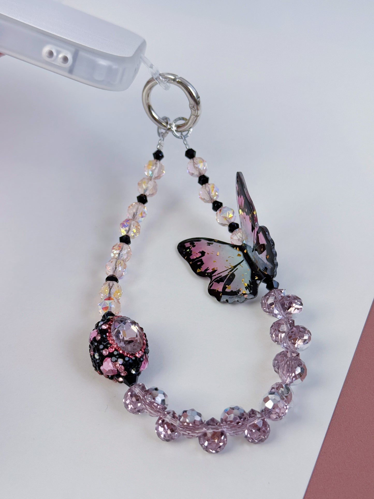 3D Butterfly Phone Charm, Crystal Strap, Pink Phone Charm, kawaii phone charm, Handbag Accessory