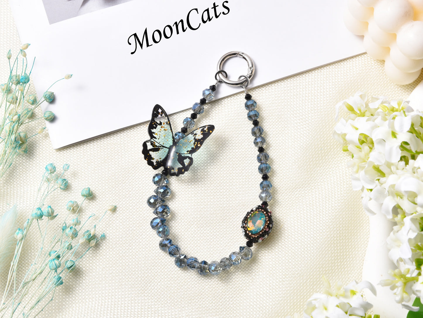 3D Butterfly Phone Charm, Crystal Phone Strap, Blue Phone Chain, kawaii phone charm, Handbag Accessory