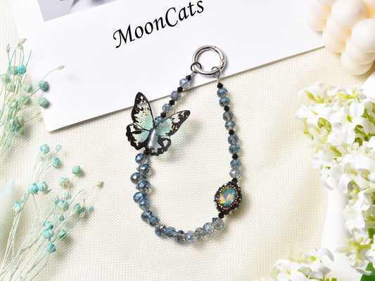 3D Butterfly Phone Charm, Crystal Phone Strap, Blue Phone Chain, kawaii phone charm, Handbag Accessory