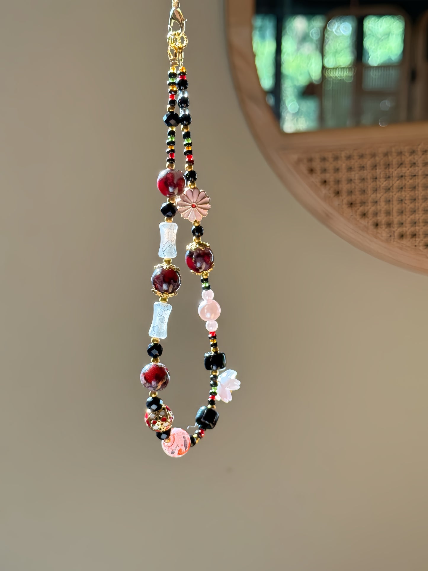 Eastern Beaded Phone Charm: Pearl, Crystal & Enamel Phone Strap, handmade beaded phone charm
