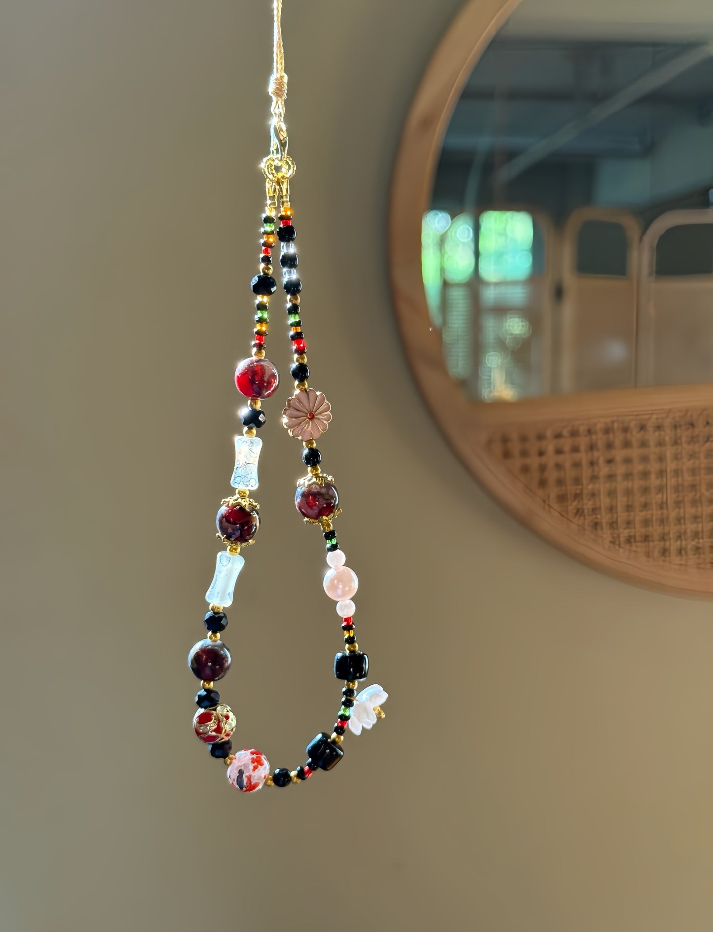 Eastern Beaded Phone Charm: Pearl, Crystal & Enamel Phone Strap, handmade beaded phone charm