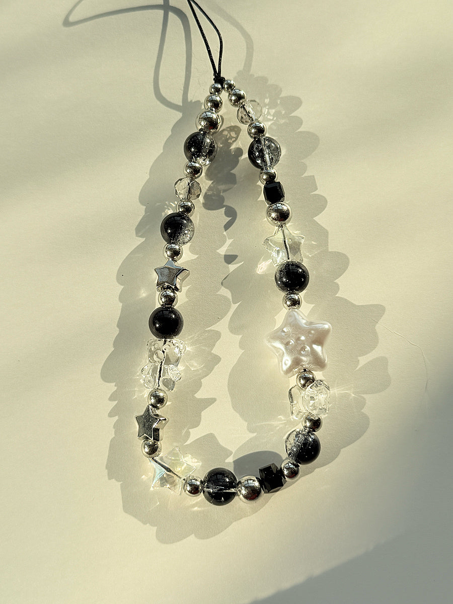 Star Beaded Phone Charm, Black Crystal Phone Chain, Planet Phone Strap