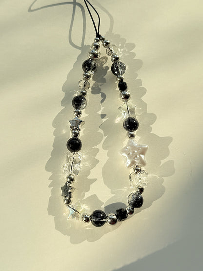 Star Beaded Phone Charm, Black Crystal Phone Chain, Planet Phone Strap