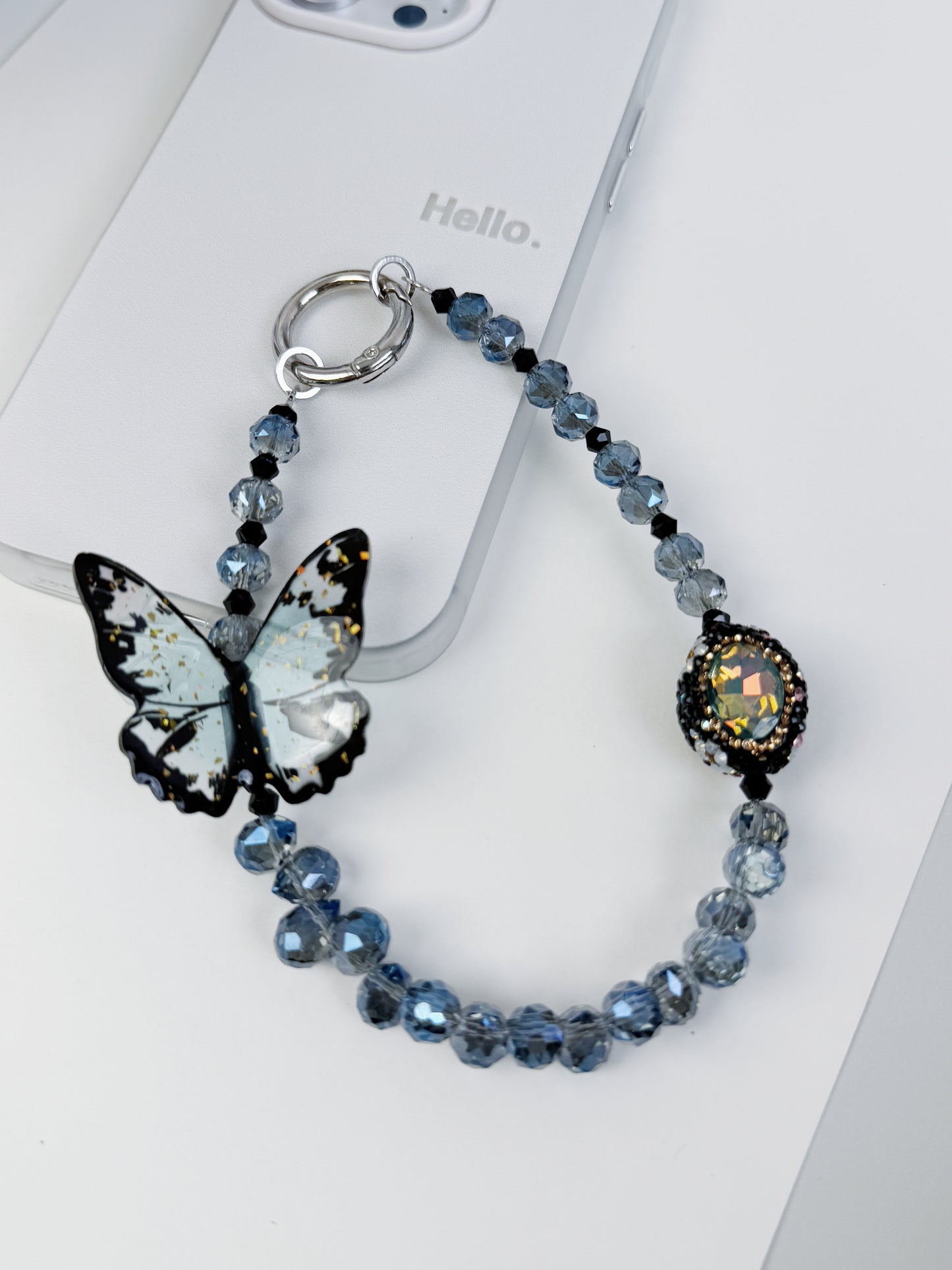 3D Butterfly Phone Charm, Crystal Phone Strap, Blue Phone Chain, kawaii phone charm, Handbag Accessory