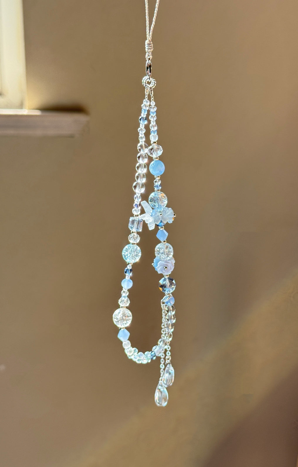 Blue Crystal Phone Charm: Beaded Phone Strap with Resin Flowers