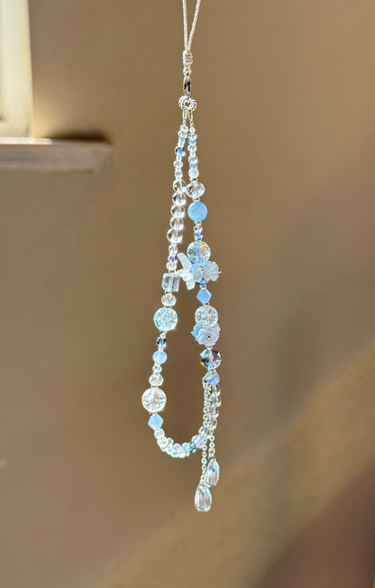 Blue Crystal Phone Charm: Beaded Phone Strap with Resin Flowers