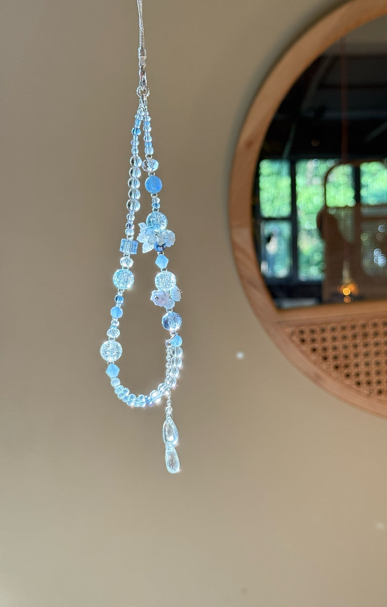 Blue Crystal Phone Charm: Beaded Phone Strap with Resin Flowers