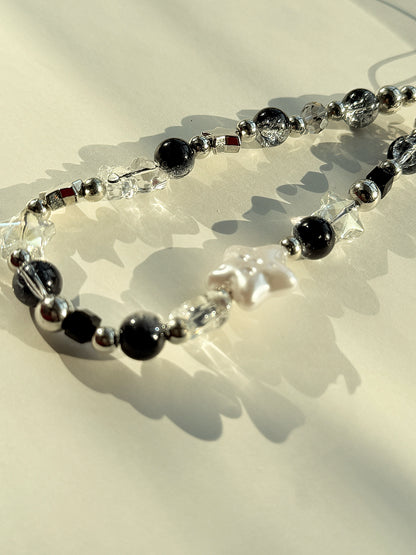 Star Beaded Phone Charm, Black Crystal Phone Chain, Planet Phone Strap