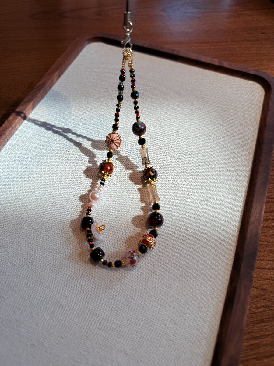 Eastern Beaded Phone Charm: Pearl, Crystal & Enamel Phone Strap, handmade beaded phone charm