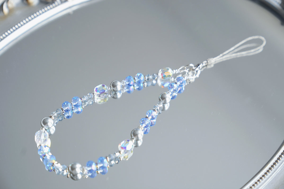 Ocean Breeze Crystal Phone Charm: Blue Beaded Phone Strap with Pearls