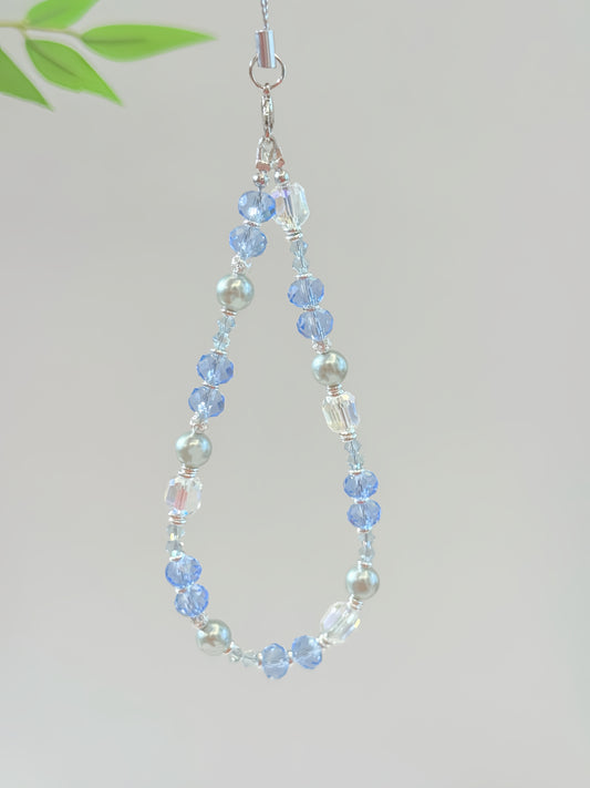 Ocean Breeze Crystal Phone Charm: Blue Beaded Phone Strap with Pearls