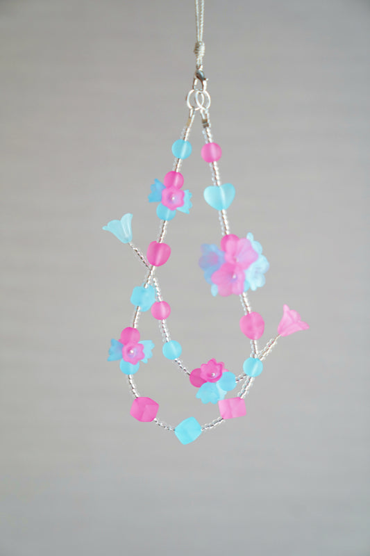 3D Floral Phone Charm: Pink & Blue Resin Flower Wrist Lanyard, Unique phone charm gift