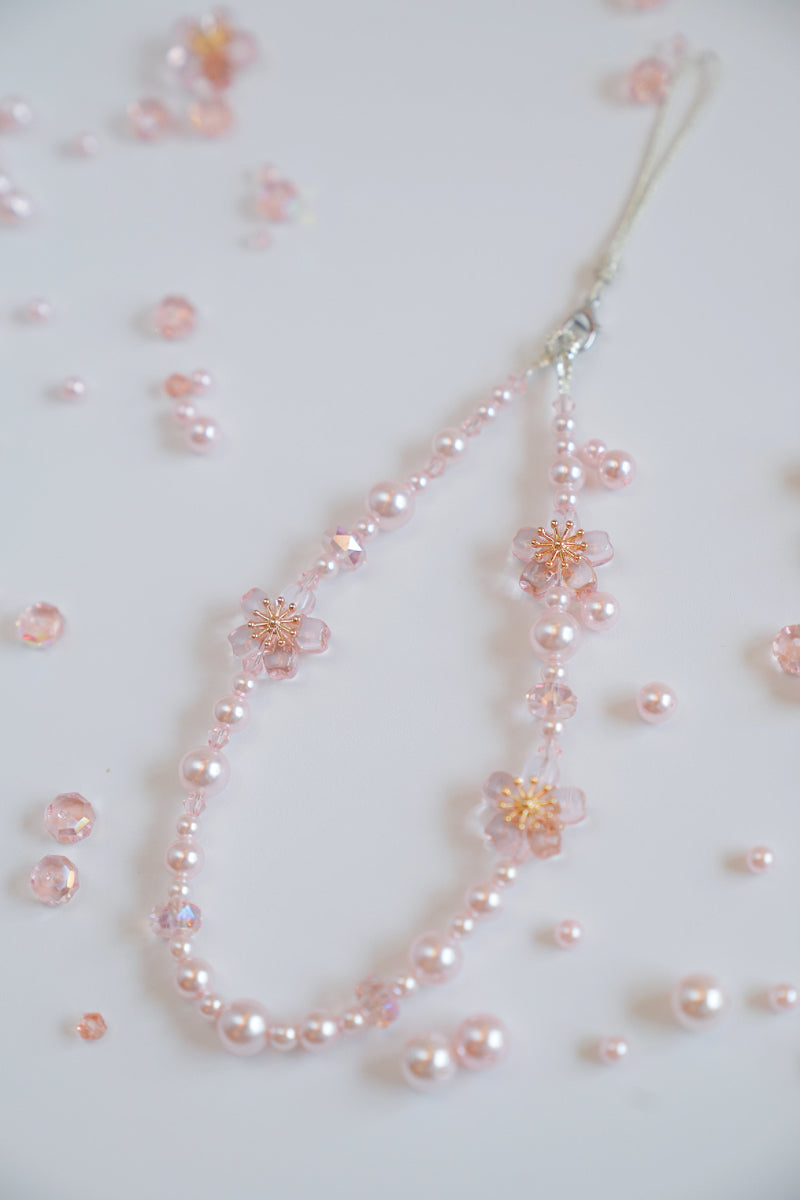 Sakura Cute Phone Charm, Pink Blossom and Pearls