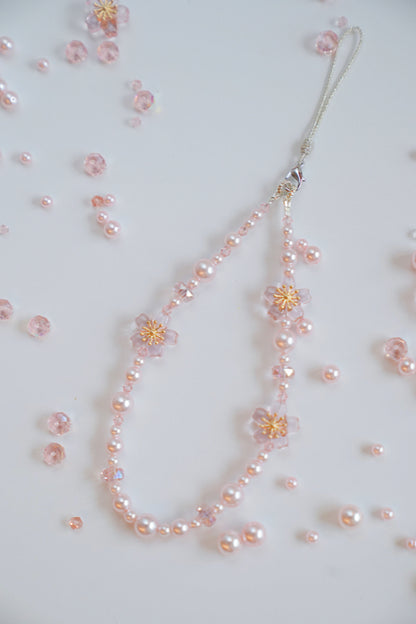 Sakura Cute Phone Charm, Pink Blossom and Pearls