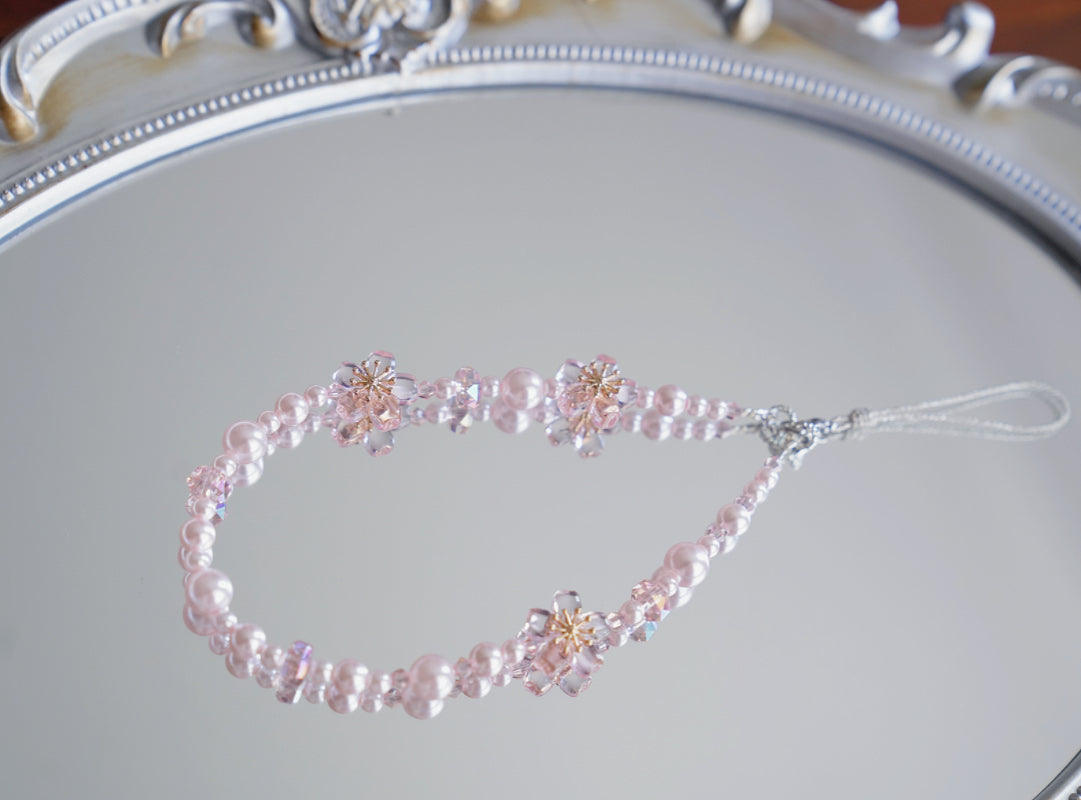 Sakura Cute Phone Charm, Pink Blossom and Pearls