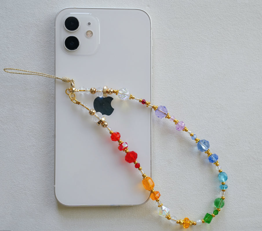 Rainbow Bead Phone Charm Strap: Colorful Crystal Wristlet