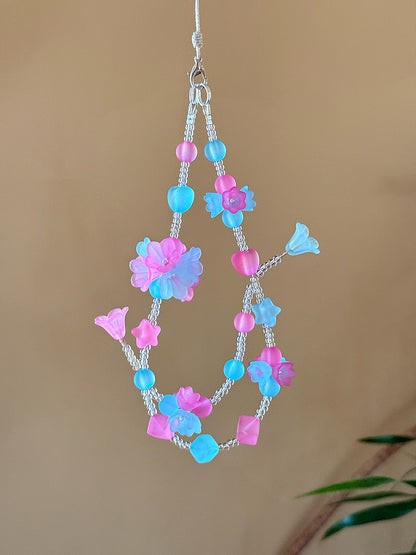 3D Floral Phone Charm: Pink & Blue Resin Flower Wrist Lanyard, Unique phone charm gift