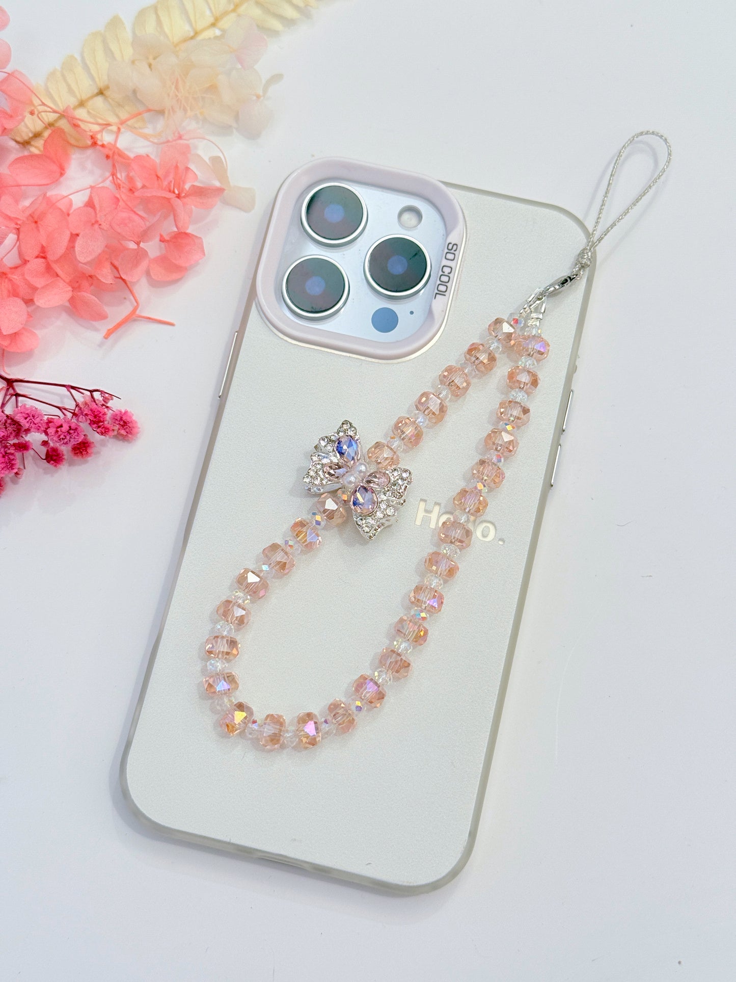 Pink Crystal Phone Charm: Butterfly Phone Charm, Beads Phone Strap