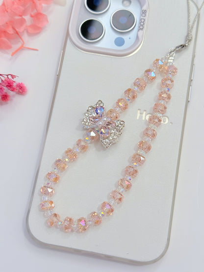 Pink Crystal Phone Charm: Butterfly Phone Charm, Beads Phone Strap