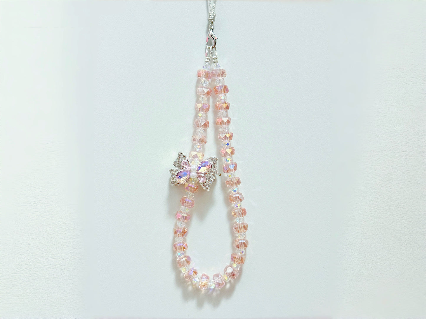 Pink Crystal Phone Charm: Butterfly Phone Charm, Beads Phone Strap