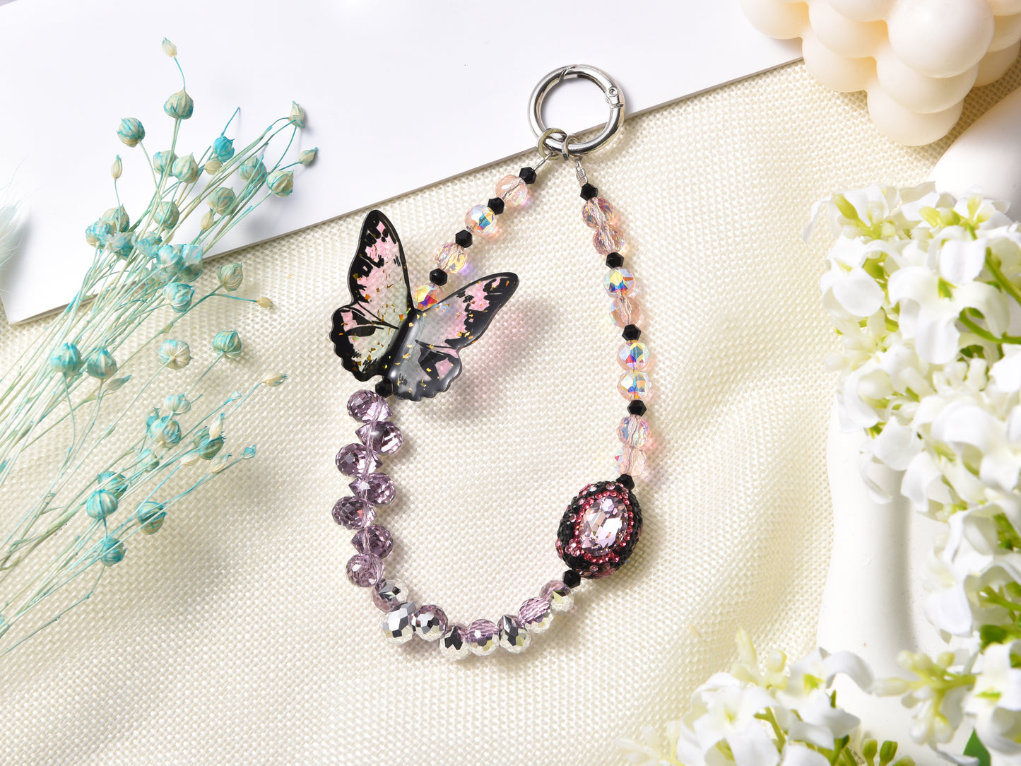 3D Butterfly Phone Charm, Crystal Strap, Pink Phone Charm, kawaii phone charm, Handbag Accessory