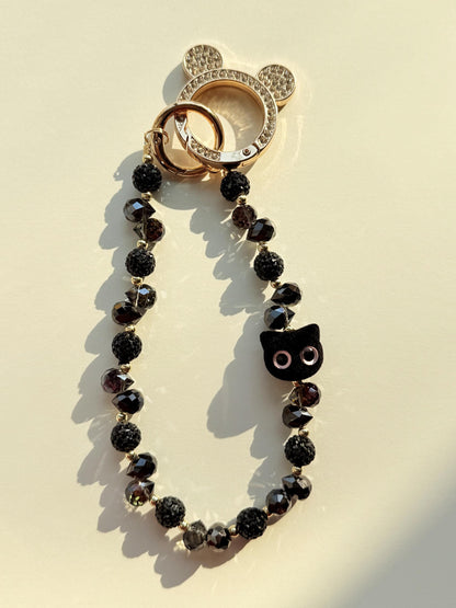Black Beaded Phone Charm, Pet Phone Charm, Cat Phone Charm, Bead Phone Strap, Crystal, Cat Charm, Valentine's Day Gifts, Cat Gifts
