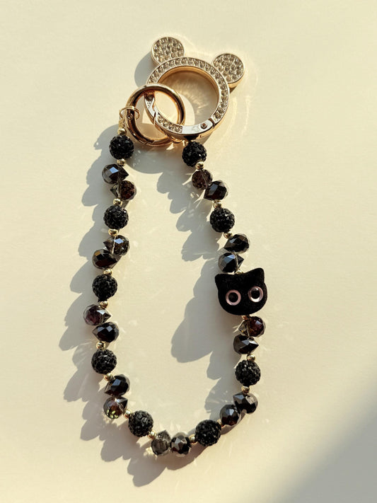 Black Beaded Phone Charm, Pet Phone Charm, Cat Phone Charm, Bead Phone Strap, Crystal, Cat Charm, Valentine's Day Gifts, Cat Gifts