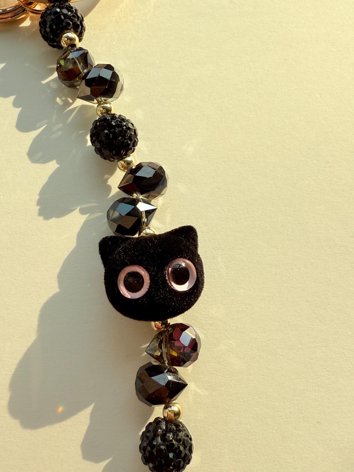 Black Beaded Phone Charm, Pet Phone Charm, Cat Phone Charm, Bead Phone Strap, Crystal, Cat Charm, Valentine's Day Gifts, Cat Gifts