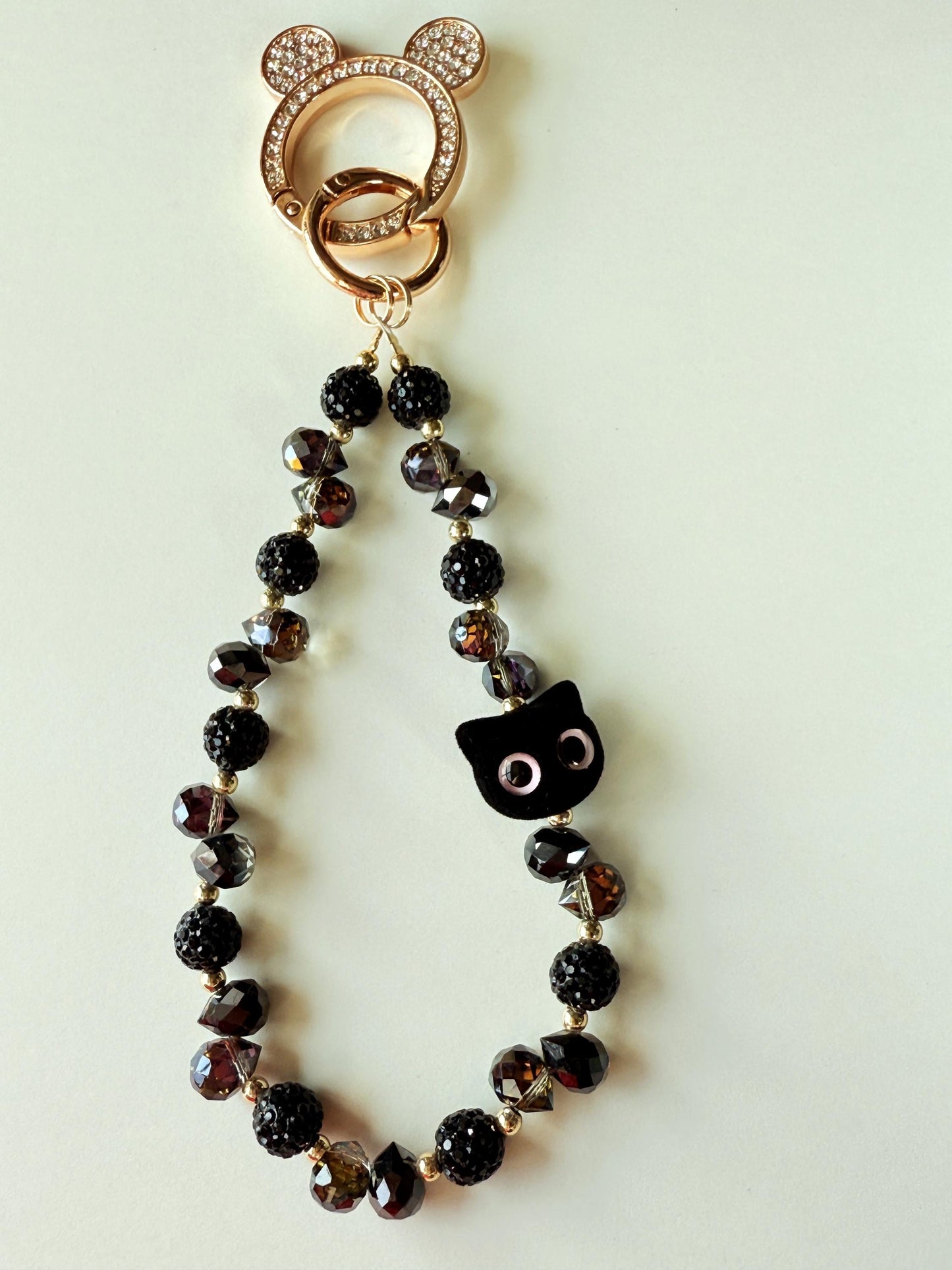 Black Beaded Phone Charm, Pet Phone Charm, Cat Phone Charm, Bead Phone Strap, Crystal, Cat Charm, Valentine's Day Gifts, Cat Gifts