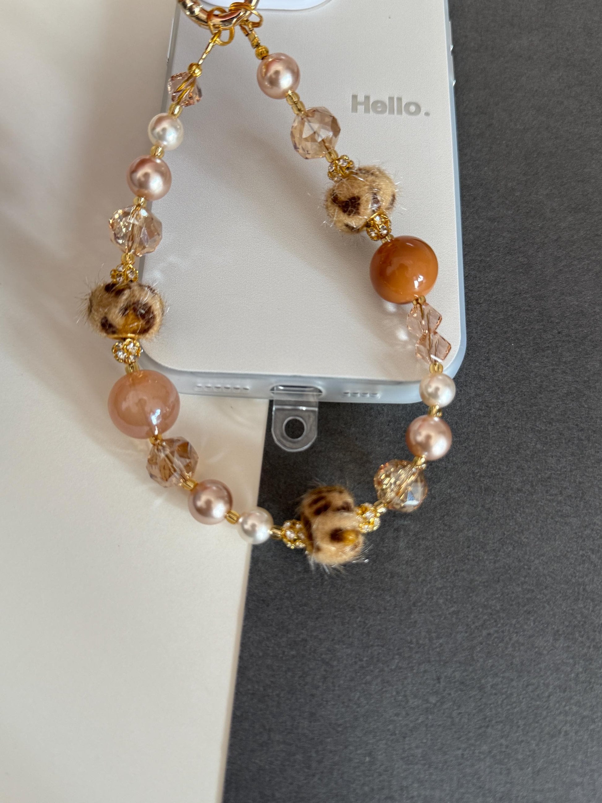 Animal Print Beaded Phone Charm, Pearl Phone Chain, Phone Wrist Strap, Brown Phone Charm, Phone Accessories, Valentine's Day Gifts