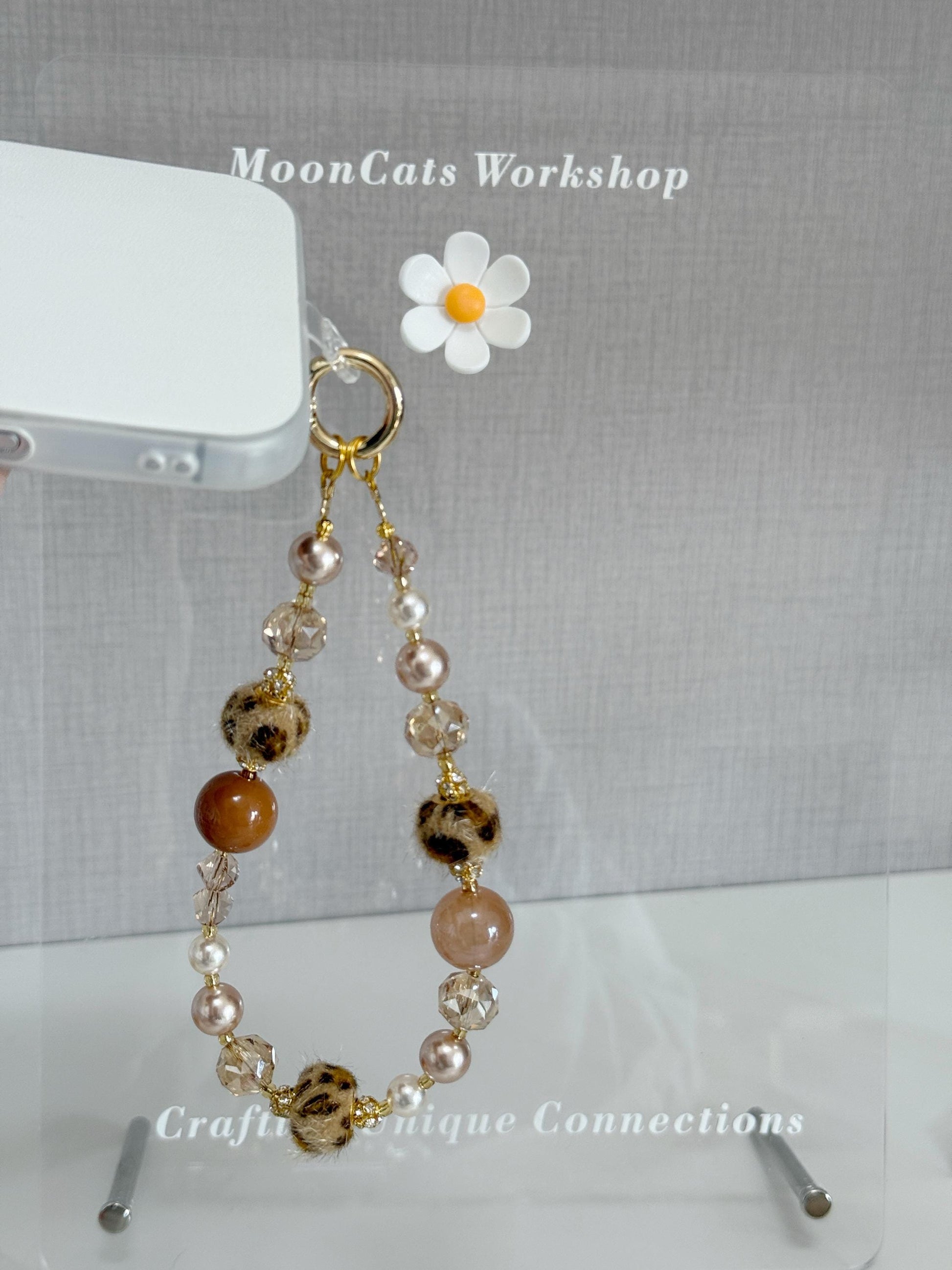 Animal Print Beaded Phone Charm, Pearl Phone Chain, Phone Wrist Strap, Brown Phone Charm, Phone Accessories, Valentine's Day Gifts