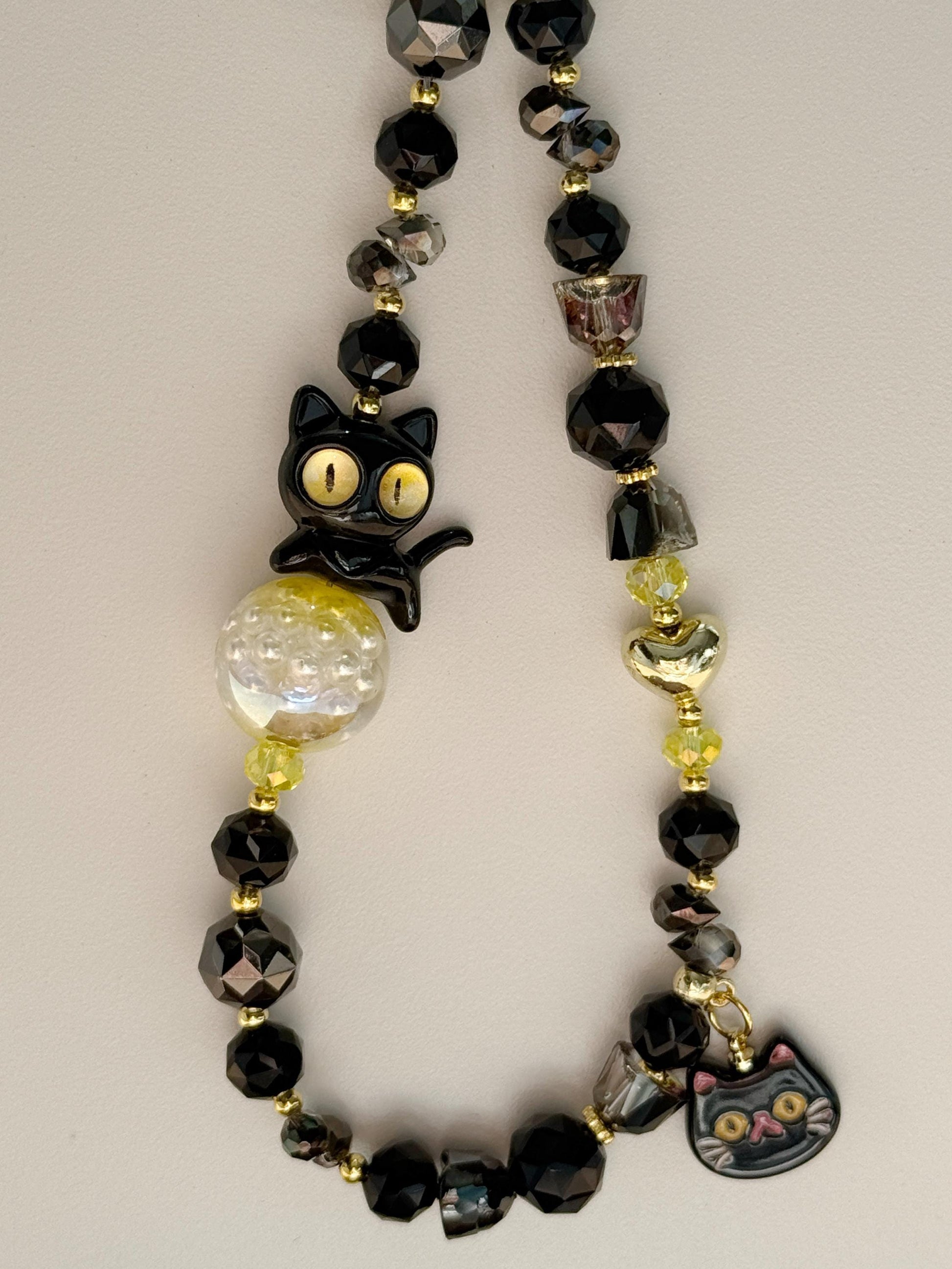 Cat Phone Charm, Pet Phone Strap, Black Phone Chain, Cute Beaded Phone Charm, Crystal Phone Charm, Phone Accessories, Gifts For Friends
