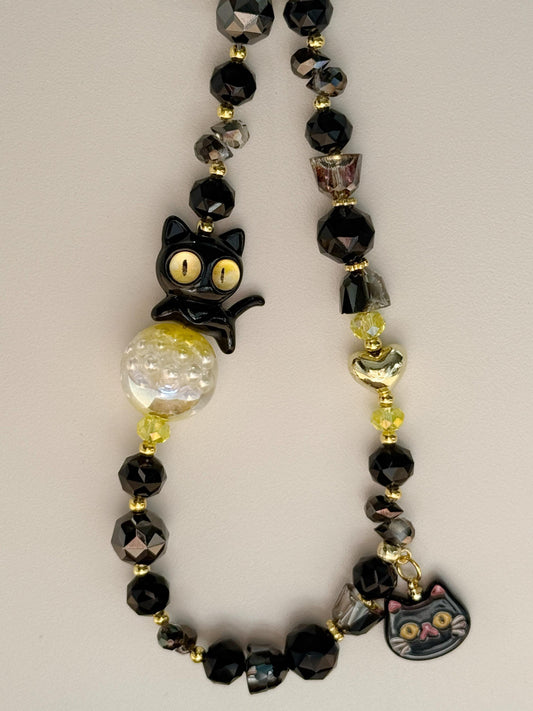 Cat Phone Charm, Pet Phone Strap, Black Phone Chain, Cute Beaded Phone Charm, Crystal Phone Charm, Phone Accessories, Gifts For Friends