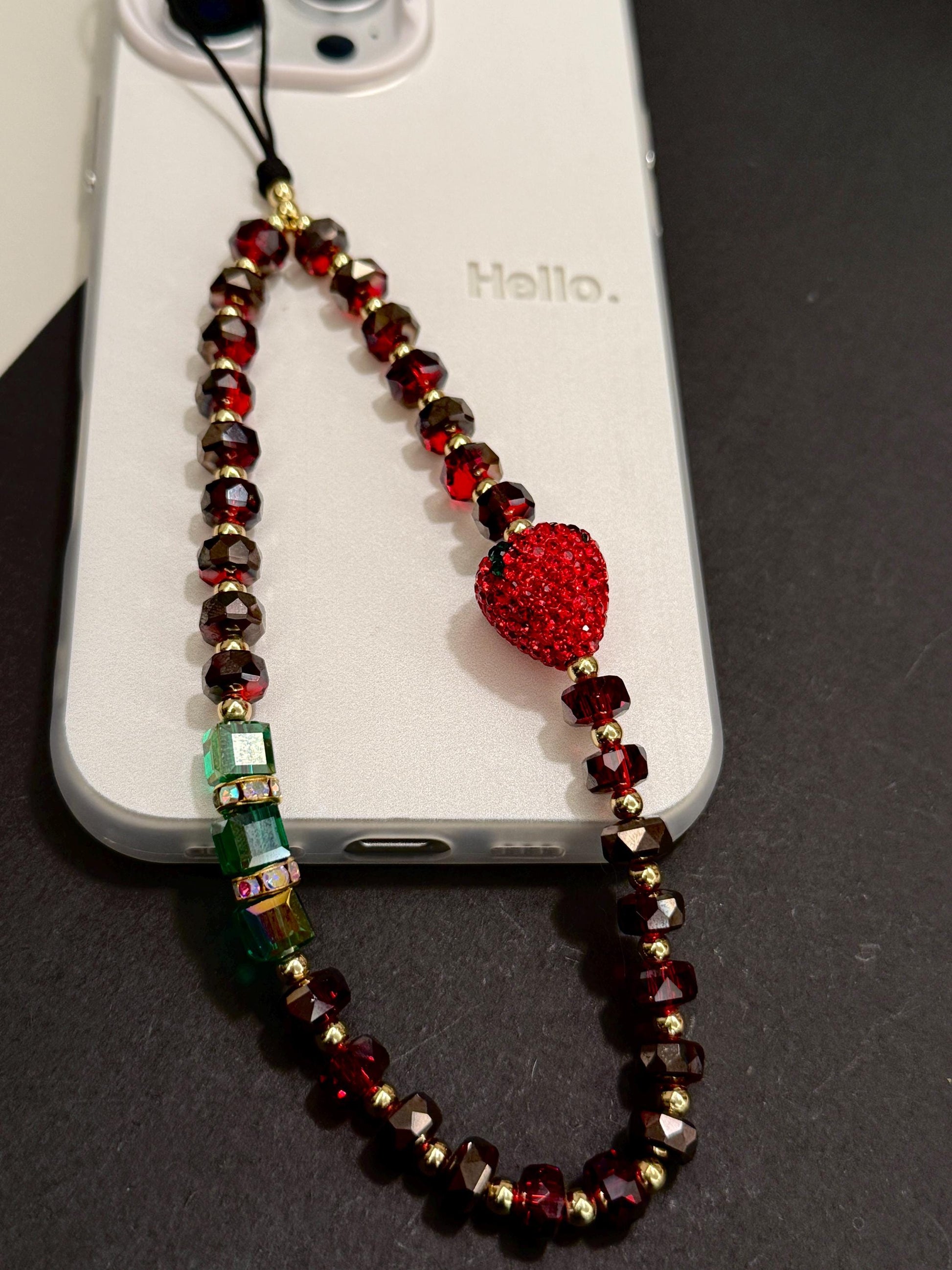 3D Strawberry Phone Charm, Cute Phone Charm, Beaded Phone Charm, Crystal Phone Strap, Phone Wrist Strap, Valentine's Day Gifts