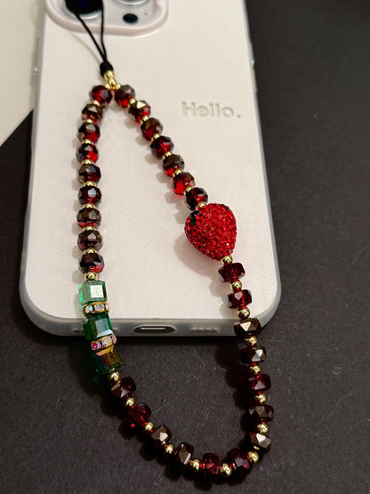 3D Strawberry Phone Charm, Cute Phone Charm, Beaded Phone Charm, Crystal Phone Strap, Phone Wrist Strap, Valentine's Day Gifts