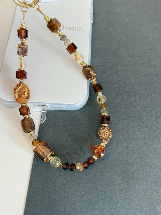 Czech Beads Phone Charm, Beaded Phone Chain, Vintage Phone Charm, Brown Phone Charm, Phone Charm Strap, Phone Lanyard