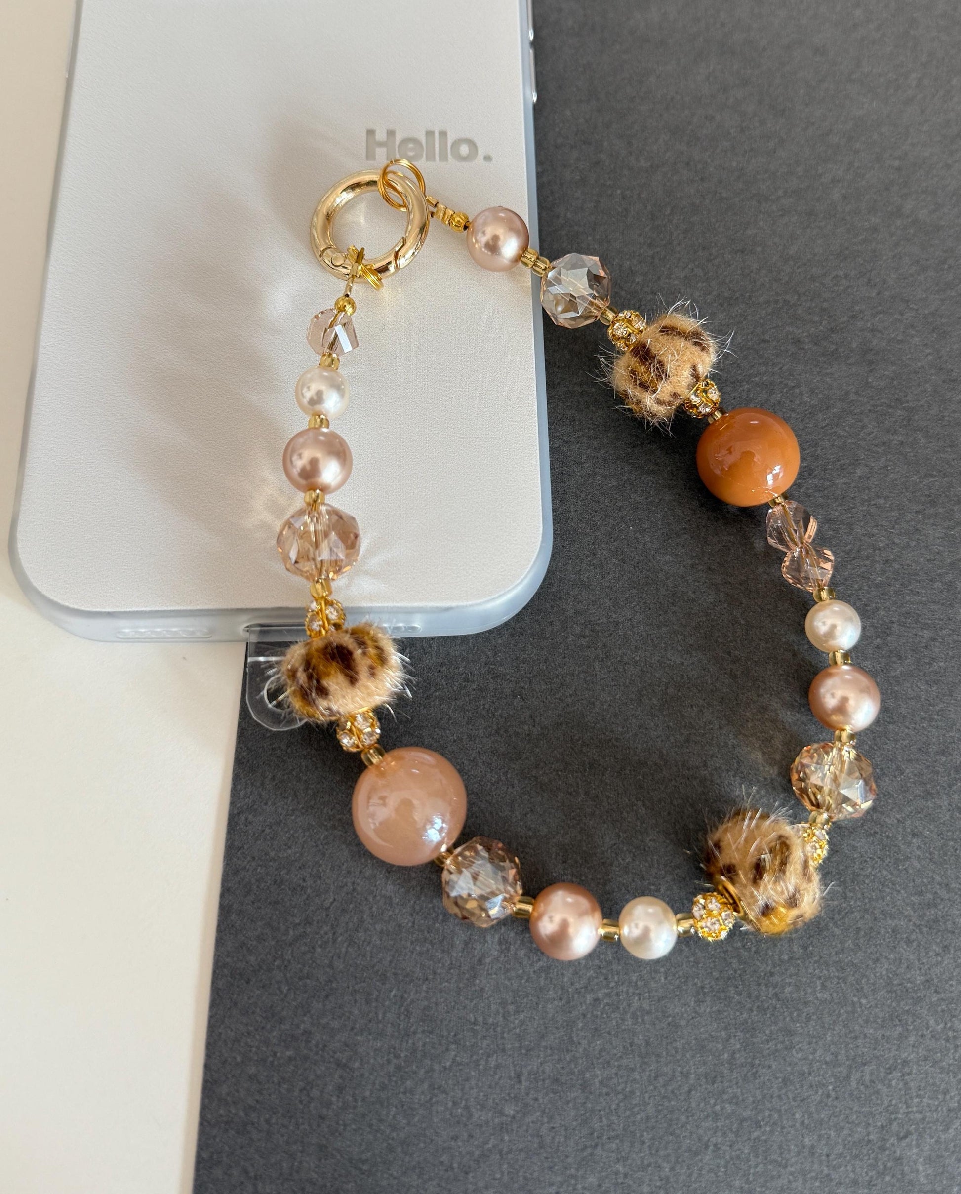 Animal Print Beaded Phone Charm, Pearl Phone Chain, Phone Wrist Strap, Brown Phone Charm, Phone Accessories, Valentine's Day Gifts