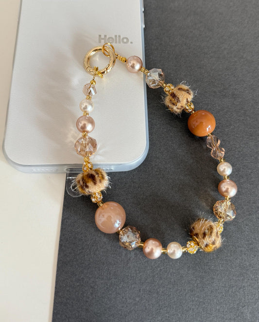 Animal Print Beaded Phone Charm, Pearl Phone Chain, Phone Wrist Strap, Brown Phone Charm, Phone Accessories, Valentine's Day Gifts