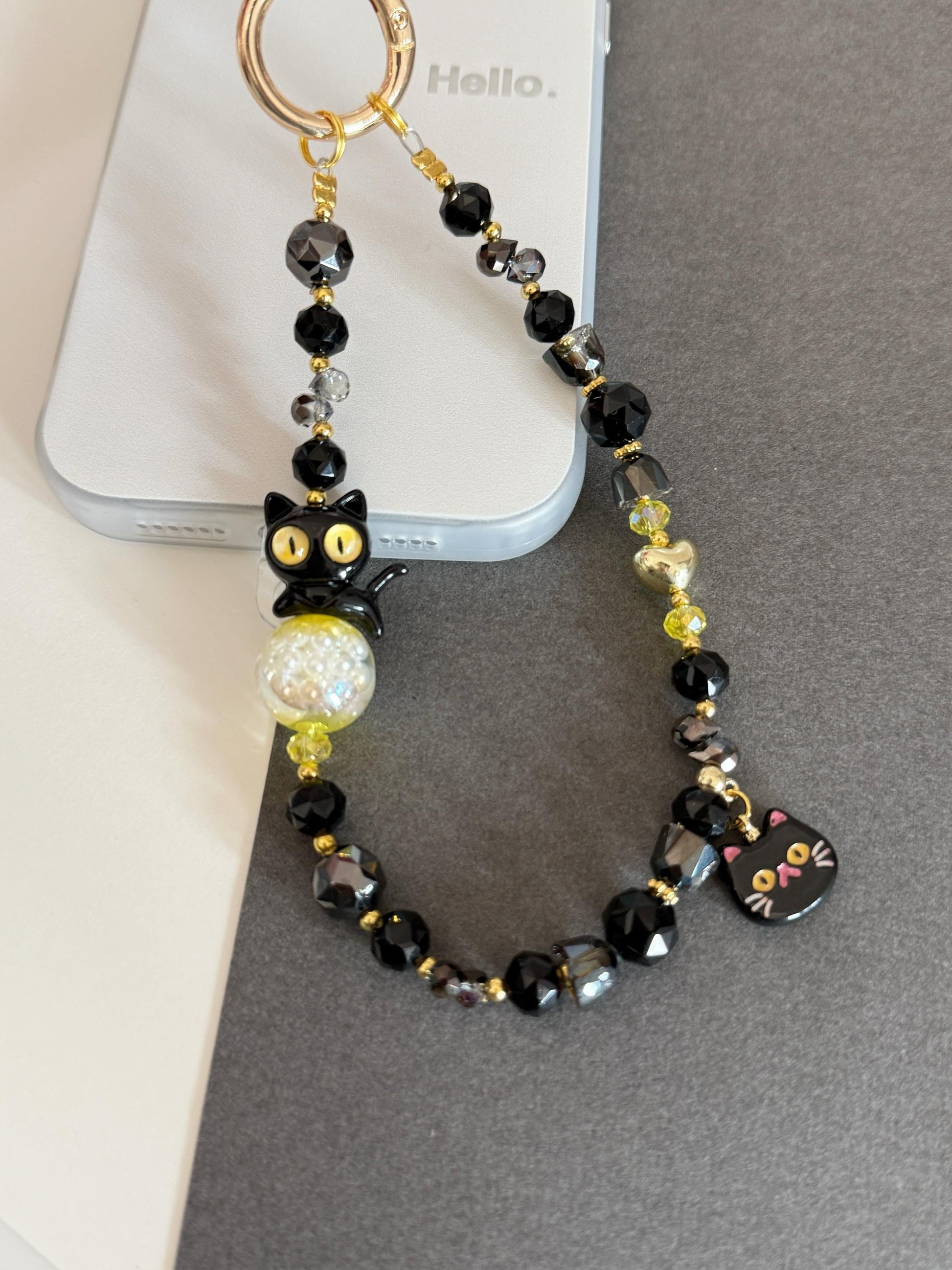 Cat Phone Charm, Pet Phone Strap, Black Phone Chain, Cute Beaded Phone Charm, Crystal Phone Charm, Phone Accessories, Gifts For Friends