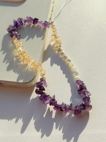 Personalised Crystal Phone Charm, Crystal Healing, Healing Stones, Name Gift, Purple Phone Strap,Amethyst Citrine Charm, Mothers Day Gift