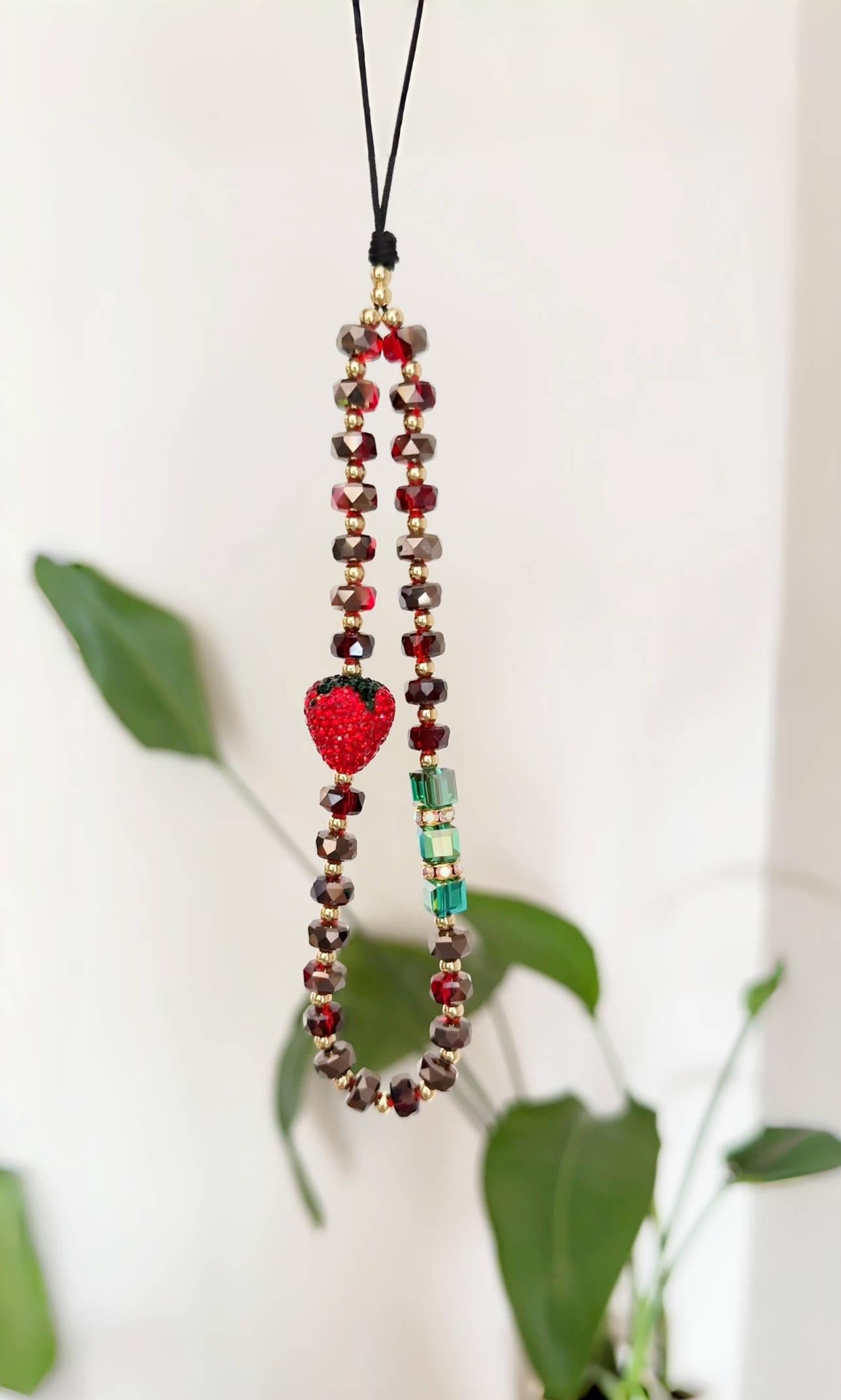 3D Strawberry Phone Charm, Cute Phone Charm, Beaded Phone Charm, Crystal Phone Strap, Phone Wrist Strap, Valentine's Day Gifts