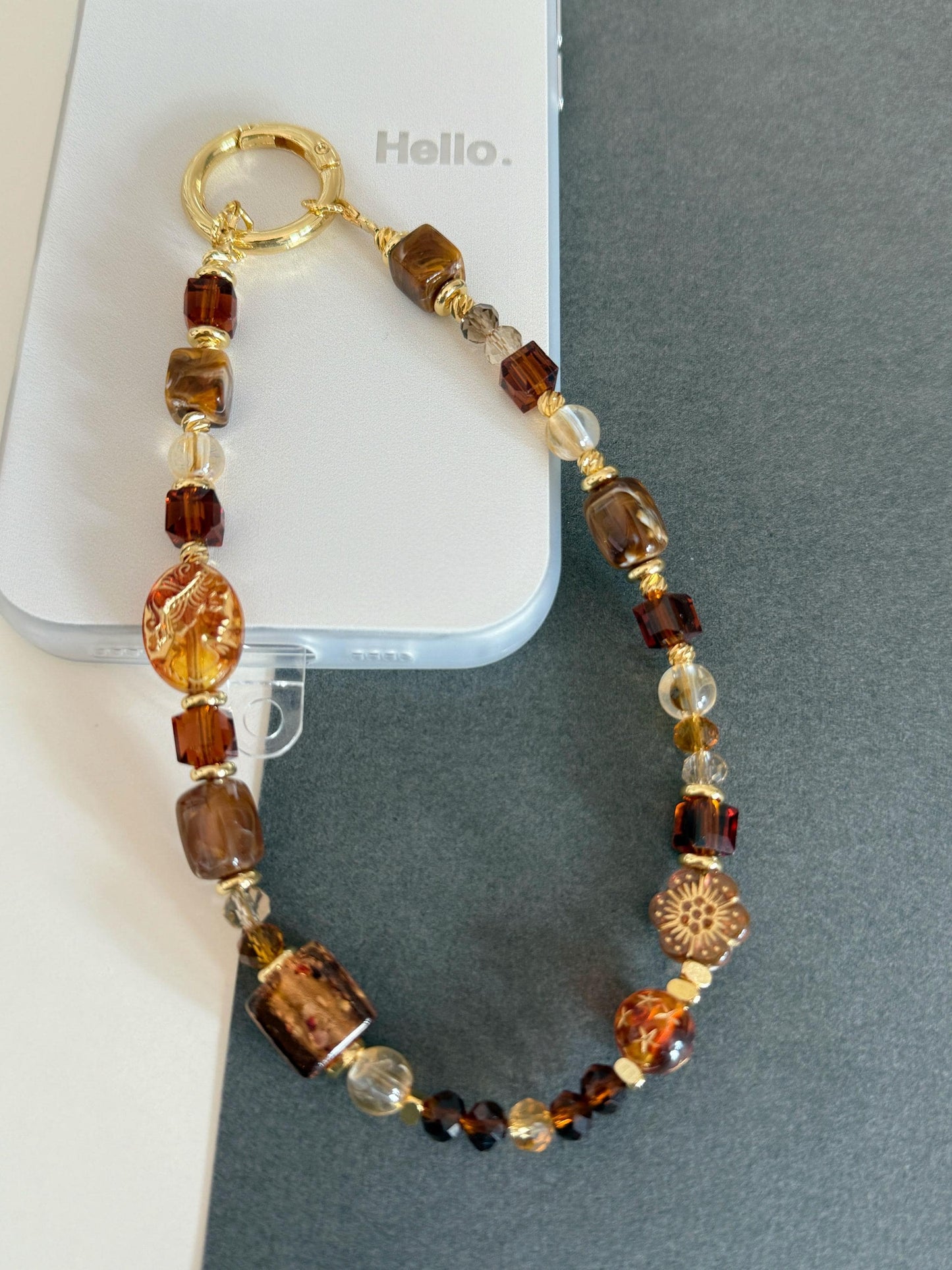 Czech Beads Phone Charm, Beaded Phone Chain, Vintage Phone Charm, Brown Phone Charm, Phone Charm Strap, Phone Lanyard