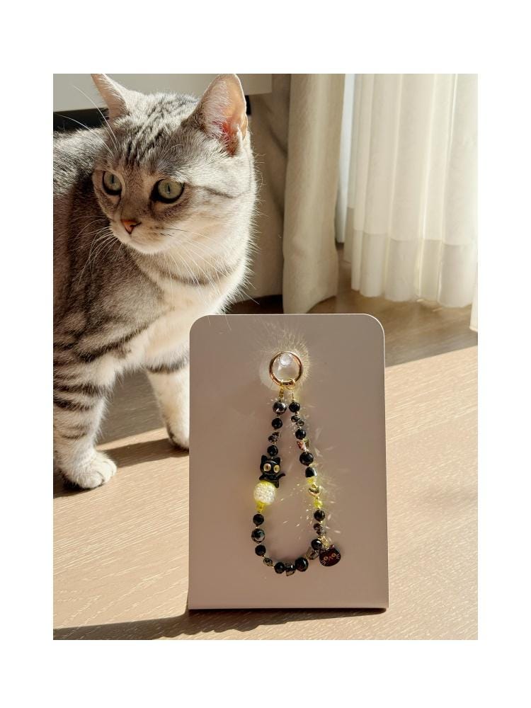 Cat Phone Charm, Pet Phone Strap, Black Phone Chain, Cute Beaded Phone Charm, Crystal Phone Charm, Phone Accessories, Gifts For Friends